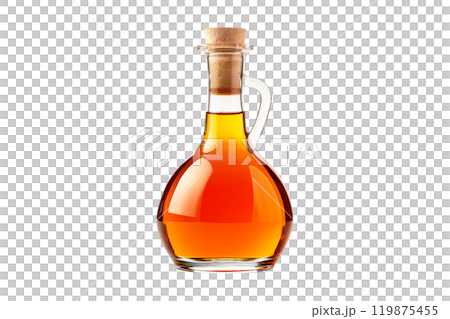 Glass bottle filled with vinegar, featuring a wooden cork and rope isolated on white transparent background. Concept of packaging 119875455