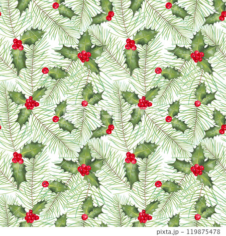 Holly berries with leaves and evergreen pine, fir branch. Christmas seamless pattern. Watercolor, marker botanical illustration. Hand drawn isolated art. Winter festive background for New Year. Holly berries with leaves and evergreen pine, fir branch. Christmas seamless pattern. Watercolor, marker botanical illustration. Hand drawn isolated art. Winter festive background for New Year. 119875478