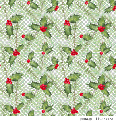 Holly berries with leaves and evergreen pine, fir branch. Christmas seamless pattern. Watercolor, marker botanical illustration. Hand drawn isolated art. Winter festive background for New Year. Holly berries with leaves and evergreen pine, fir branch. Christmas seamless pattern. Watercolor, marker botanical illustration. Hand drawn isolated art. Winter festive background for New Year. 119875478