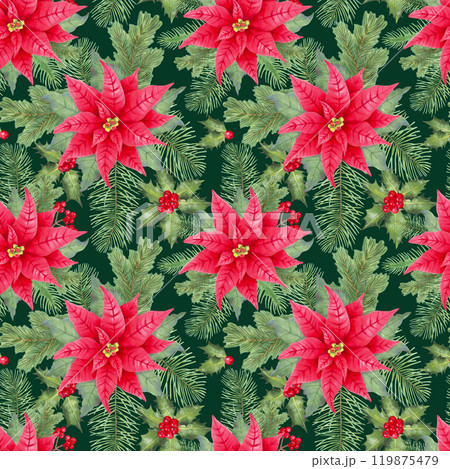 Poinsettia flower, pine branches and holly berries for Christmas. Seamless pattern. Watercolor and marker illustration. Hand drawn isolated art. Botanical winter holiday background for New Year. 119875479
