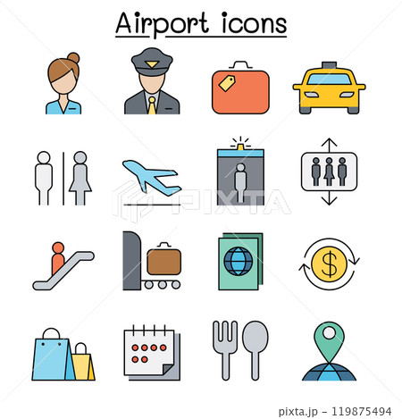Airport & Aviation icon set in thin line style Airport & Aviation icon set in thin line style 119875494