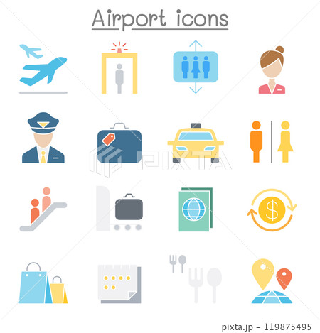 Airport & Aviation icon set in flat color style Airport & Aviation icon set in flat color style 119875495
