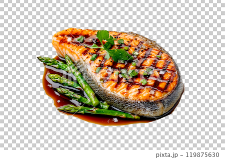 Grilled salmon steak with green asparagus and teriyaki sauce isolated on a white transparent background. Concept of healthy eating and gourmet cuisine Grilled salmon steak with green asparagus and teriyaki sauce isolated on a white transparent background. Concept of healthy eating and gourmet cuisine 119875630