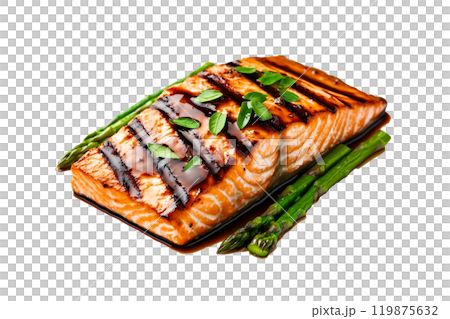 Grilled salmon steak with green asparagus and teriyaki sauce isolated on a white transparent background. Concept of healthy eating and gourmet cuisine 119875632