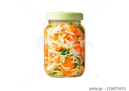 Jar filled with colorful pickled vegetables including cabbage, carrots, and peppers isolated on a white transparent background. Concept of homemade pickles and sauerkraut Jar filled with colorful pickled vegetables including cabbage, carrots, and peppers isolated on a white transparent background. Concept of homemade pickles and sauerkraut 119875633