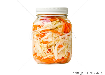 Jar filled with colorful pickled  vegetables including cabbage, carrots, and peppers isolated on a white transparent background. Concept of homemade pickles and sauerkraut Jar filled with colorful pickled  vegetables including cabbage, carrots, and peppers isolated on a white transparent background. Concept of homemade pickles and sauerkraut 119875634