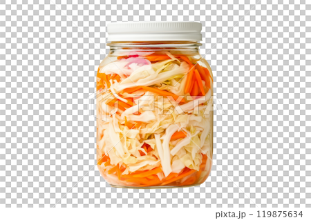 Jar filled with colorful pickled  vegetables including cabbage, carrots, and peppers isolated on a white transparent background. Concept of homemade pickles and sauerkraut Jar filled with colorful pickled  vegetables including cabbage, carrots, and peppers isolated on a white transparent background. Concept of homemade pickles and sauerkraut 119875634