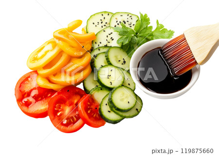 Vegetables salad brushed with  Teriyaki sauce isolated on white transparent background. Concept of cooking and food preparation 119875660