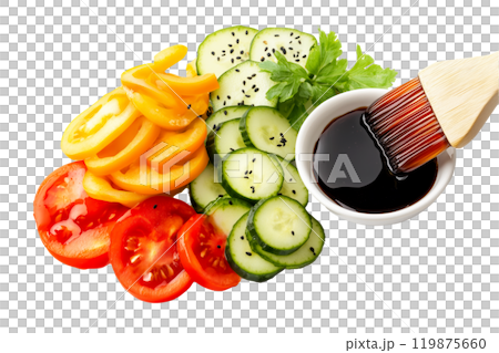 Vegetables salad brushed with  Teriyaki sauce isolated on white transparent background. Concept of cooking and food preparation 119875660