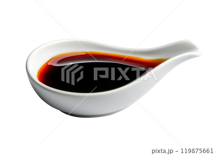 A white porcelain dish containing dark soy  sauce Teriyaki isolated on white transparent background. 119875661