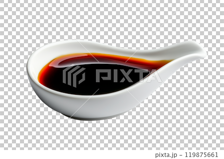 A white porcelain dish containing dark soy sauce Teriyaki isolated on white transparent background. A white porcelain dish containing dark soy sauce Teriyaki isolated on white transparent background. 119875661