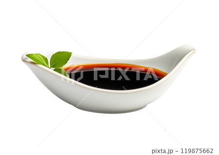 A white porcelain dish containing dark soy sauce Teriyaki isolated on white transparent background. A white porcelain dish containing dark soy sauce Teriyaki isolated on white transparent background. 119875662