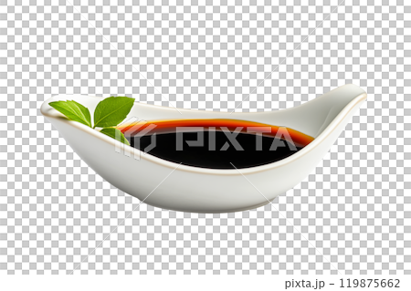 A white porcelain dish containing dark soy sauce Teriyaki isolated on white transparent background. A white porcelain dish containing dark soy sauce Teriyaki isolated on white transparent background. 119875662