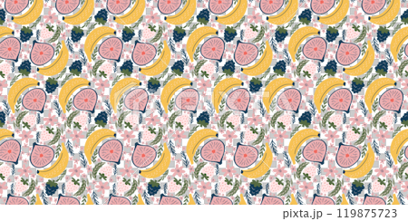 Radiant seamless pattern featuring bananas, figs, blackberries, white strawberries, pink flowers, and green leaves. Rendered in a contemporary, organic vector style with flat colors, emanating a 119875723