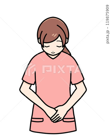 女性看護師の正面立ちポーズ　スクラブ　上半身　お辞儀 119875909