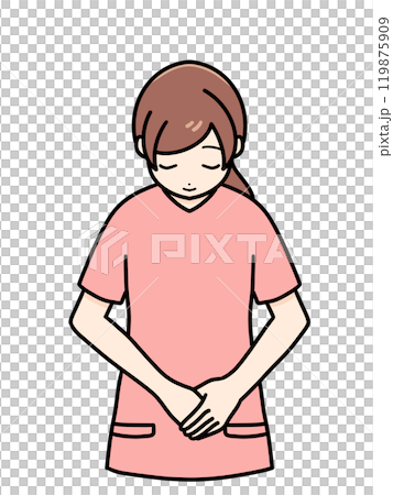 女性看護師の正面立ちポーズ　スクラブ　上半身　お辞儀 119875909