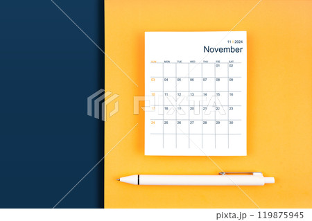 November 2024 calendar card for 2024 year on blue and yellow background. November 2024 calendar card for 2024 year on blue and yellow background. 119875945