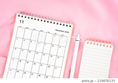 November 2024 month calendar and pen with open diary on pink fabric background. November 2024 month calendar and pen with open diary on pink fabric background. 119876135