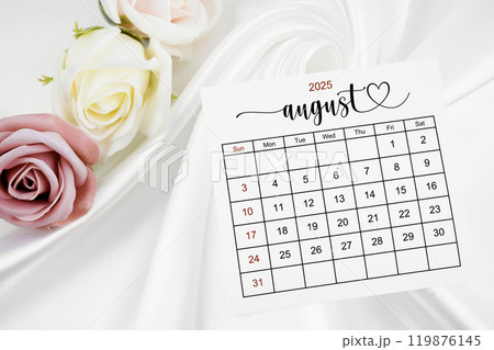 August 2025 calendar page and rose flower on white satin textile. 119876145