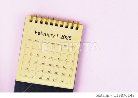February 2025 Monthly desk calendar for 2025 year made from craft paper. February 2025 Monthly desk calendar for 2025 year made from craft paper. 119876148