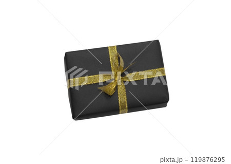 Black gift box with gold ribbon isolated on white background. Black Friday concept 119876295