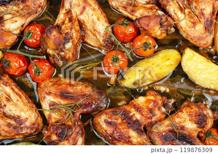 Dish of spicy chicken wings. 119876309