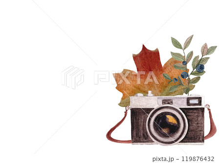 Camera, maple leaf, blueberry twig watercolor horizontal card isolated on white. Hand drawn high quality art in simple flat style for tourism, photography, woodland kids designs, stickers, logo 119876432