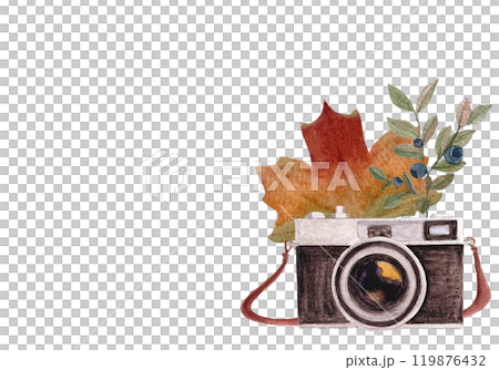 Camera, maple leaf, blueberry twig watercolor horizontal card isolated on white. Hand drawn high quality art in simple flat style for tourism, photography, woodland kids designs, stickers, logo 119876432