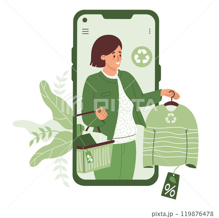 Eco-Friendly Online Shopping clothing sustainable fashion. Cute Woman in phone with purchases buying fashionable sweater made from recycled material. Vector illustration. Ecological Shop in smartphone 119876478