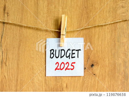 Planning budget 2025 new year symbol. Concept words Budget 2025 on beautiful white paper on wooden clothespin. Beautiful wooden background. Business budget 2025 new year concept. Copy space. 119876638