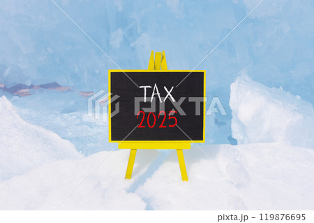 Planning tax 2025 new year symbol. Concept words Tax 2025 on beautiful yellow chalk blackboard. Beautiful Baikal lake blue ice background. Business tax 2025 new year concept. Copy space. 119876695