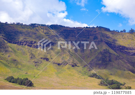 Landscape of rolling hills with vibrant green grass under a blue sky Landscape of rolling hills with vibrant green grass under a blue sky 119877085