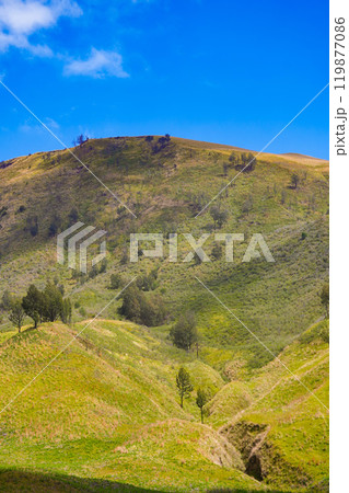 Landscape of rolling hills with vibrant green grass under a blue sky 119877086