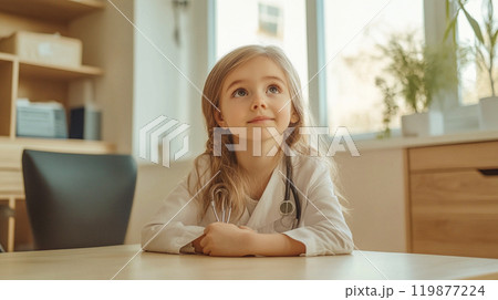 A little girl of 6 years old sits at a table in a hospital office and dreamily looks up imagining herself a pediatrician doctor. World Health Day. This is AI-generated item 119877224