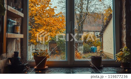 Pots with flowers on window sill, autumn landscape with yellowed trees outside the window with raindrops. Fall season rural house, cottage. Cozy home. This is AI-generated item Pots with flowers on window sill, autumn landscape with yellowed trees outside the window with raindrops. Fall season rural house, cottage. Cozy home. This is AI-generated item 119877236