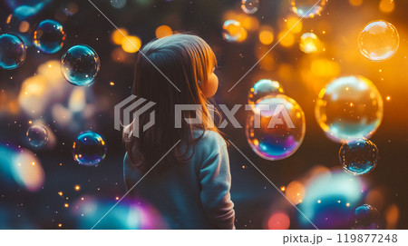 A little girl among colorful soap bubbles. The magic of childhood. Baby child in magical world. Wonderful world. Spiritual poster for children's room. This is AI-generated item 119877248