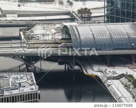 Aerial view of Berlin, Capital of Germany. Aerial winter cityscape of Berlin Main Railway Station, Foggy Hauptbahnhof. Aerial view of Berlin, Capital of Germany. Aerial winter cityscape of Berlin Main Railway Station, Foggy Hauptbahnhof. 119877689