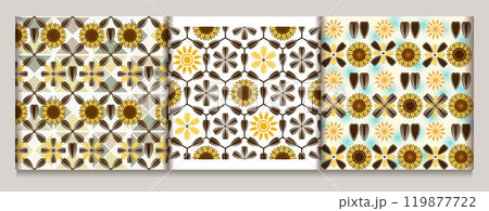 Sunflower seamless geometric patterns with icons of flower heads, black striped seeds, sun. Simple flat geometric style. For branding, food packaging, prints 119877722
