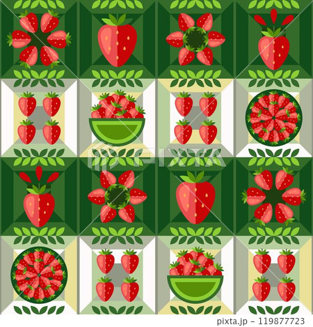 Strawberry seamless pattern with icons, abstract geometric shapes. Ripe berries on bowl, on plate on horizontal striped mosaic background. Simple flat style. For branding, food packaging, prints. Strawberry seamless pattern with icons, abstract geometric shapes. Ripe berries on bowl, on plate on horizontal striped mosaic background. Simple flat style. For branding, food packaging, prints. 119877723