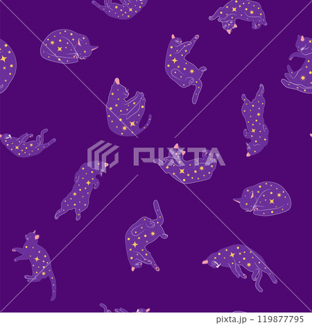 Mystical seamless pattern of cats in boho style, silhouette collection. Esotericism and mysticism, occultism. Mystical seamless pattern of cats in boho style, silhouette collection. Esotericism and mysticism, occultism. 119877795