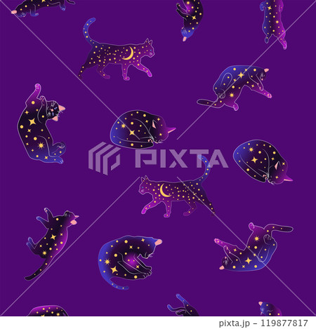 Mystical seamless pattern of cats in boho style, silhouette collection. Witchcraft and magic 119877817