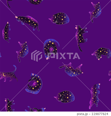 Mystical seamless pattern of cats in boho style, silhouette collection. Witchcraft and magic 119877824