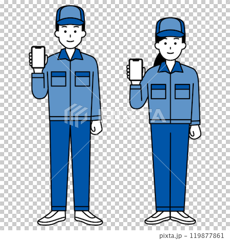 身穿工作服的男女一組，展示智慧型手機螢幕（全身） 119877861