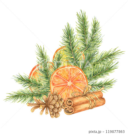 Orange slices, pine branches, cinnamon sticks, and cones. Watercolor clipart for winter crafts, holiday-themed invitations, and product packaging. Adds a festive element to digital and printed designs 119877863