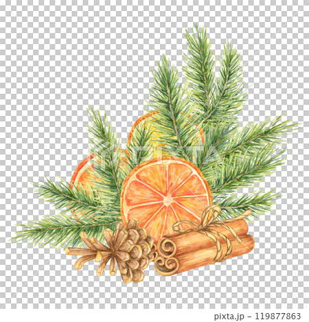 Orange slices, pine branches, cinnamon sticks, and cones. Watercolor clipart for winter crafts, holiday-themed invitations, and product packaging. Adds a festive element to digital and printed designs 119877863