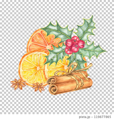 Orange slices, cinnamon sticks, and holly leaves with berries. Watercolor clipart for winter holiday designs, greeting cards, and gift packaging. Adds a festive element to various seasonal projects Orange slices, cinnamon sticks, and holly leaves with berries. Watercolor clipart for winter holiday designs, greeting cards, and gift packaging. Adds a festive element to various seasonal projects 119877865