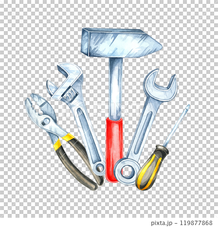 A red-handled hammer, silver wrenches, yellow-handled pliers, and a screwdriver. Watercolor illustration. Ideal for hardware store flyers, tool-related merchandise, or instructional DIY materials 119877868
