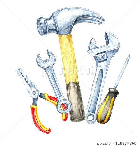 A hammer, pliers, screwdriver and wrenches clipart. Hardware tools hand-painted watercolor illustration for flyers, brochures, DIY product packaging, or construction-themed merchandise designs A hammer, pliers, screwdriver and wrenches clipart. Hardware tools hand-painted watercolor illustration for flyers, brochures, DIY product packaging, or construction-themed merchandise designs 119877869