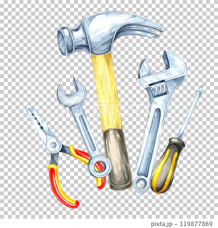 A hammer, pliers, screwdriver and wrenches clipart. Hardware tools hand-painted watercolor illustration for flyers, brochures, DIY product packaging, or construction-themed merchandise designs A hammer, pliers, screwdriver and wrenches clipart. Hardware tools hand-painted watercolor illustration for flyers, brochures, DIY product packaging, or construction-themed merchandise designs 119877869