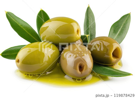 Green olives with leaves isolated on white background. 119878429